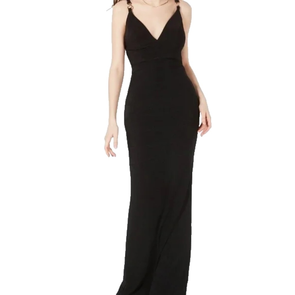 Emerald Sundae Black Banded V-Neck Evening Gown Chain Link Formal Maxi Dress